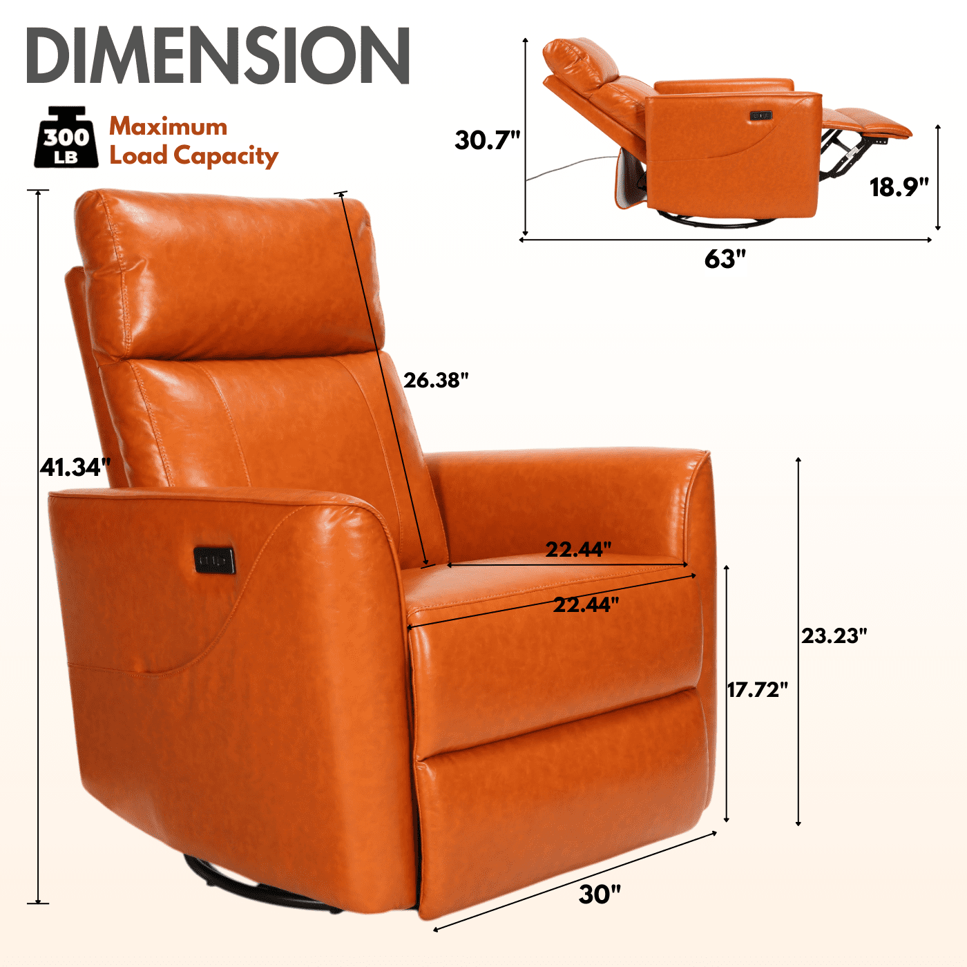 Legooin Multi-Function Power Recliner Chair with 8-Point Massage & Heat - 270° Swivel Rocker with USB Charging, Faux Leather Nursery Chair for Baby Adult, Orange Brown