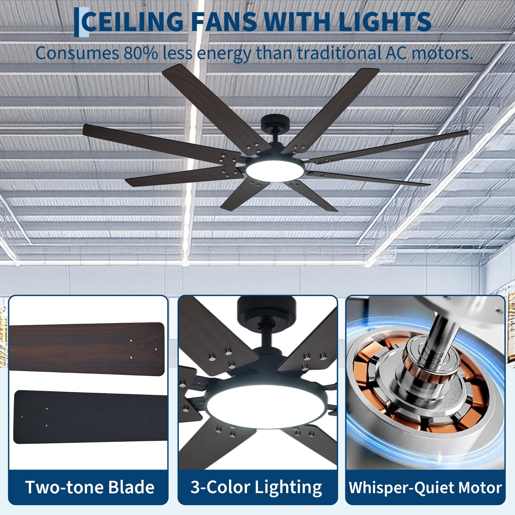 70" Large Industrial Ceiling Fan with Lights and Remote Control, 8-Blade Modern DC Motor Ceiling Fan, Reversible Blades (Black & Walnut), 6 Speeds, Timer, Quiet for Living Room, Shop, Garage