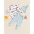 thumbnail image 4 of Suealasg Newborn Baby Boy 3Pcs Fall Outfits Long Sleeve Animal Print Romper +Long Pants+Hat Set 3 6 12 18 Months Infant Boy Autumn Clothes, 4 of 7