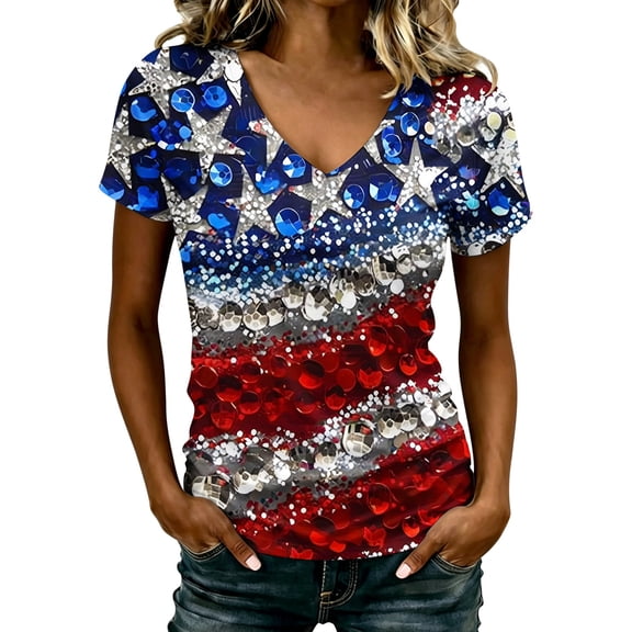 CONZONE 250Th Anniversary Womens Summer Tops Short Sleeve Star Graphic Sequins Independence Day T-Shirts For Women V Neck Fashion 4Th Of July Womens T Shirts