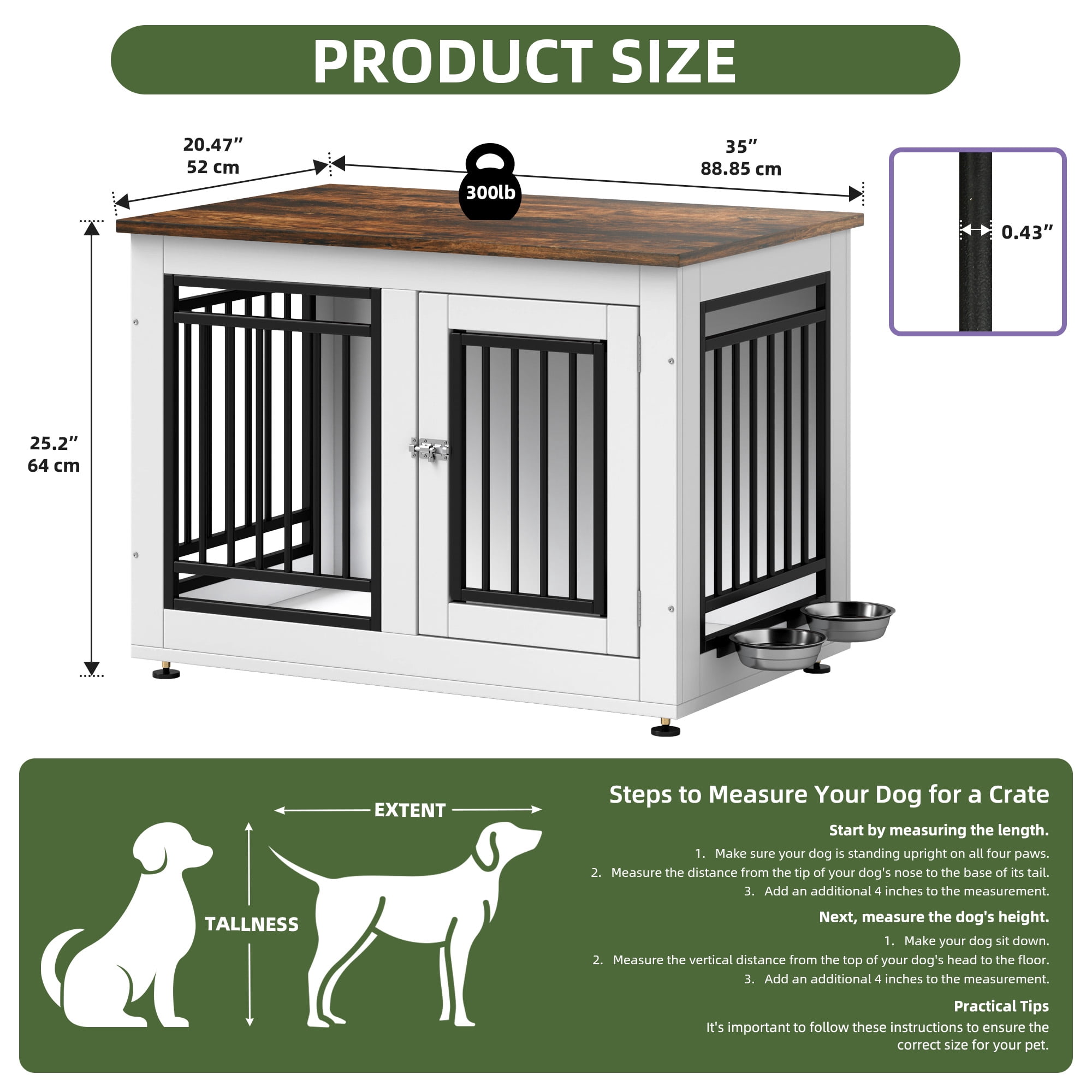 Uforic 35 inch Wooden End Table Dog Crate with Adjustable Feet and 2 Removable Bowls, White