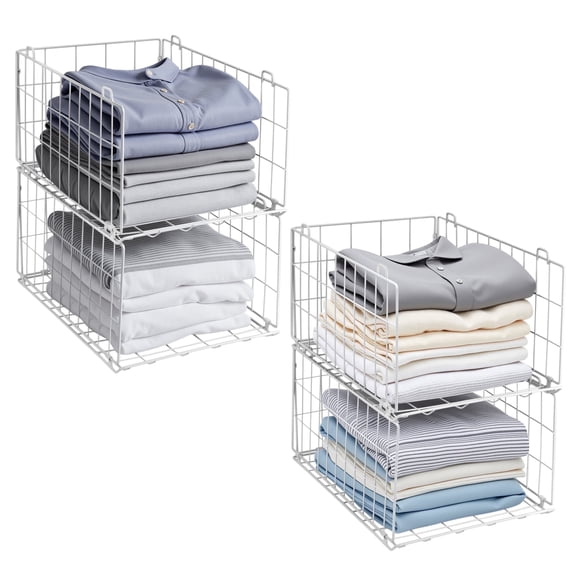 Lonian 4-Tier Stackable Closet Organizer, Foldable Metal Wire Storage Basket, White