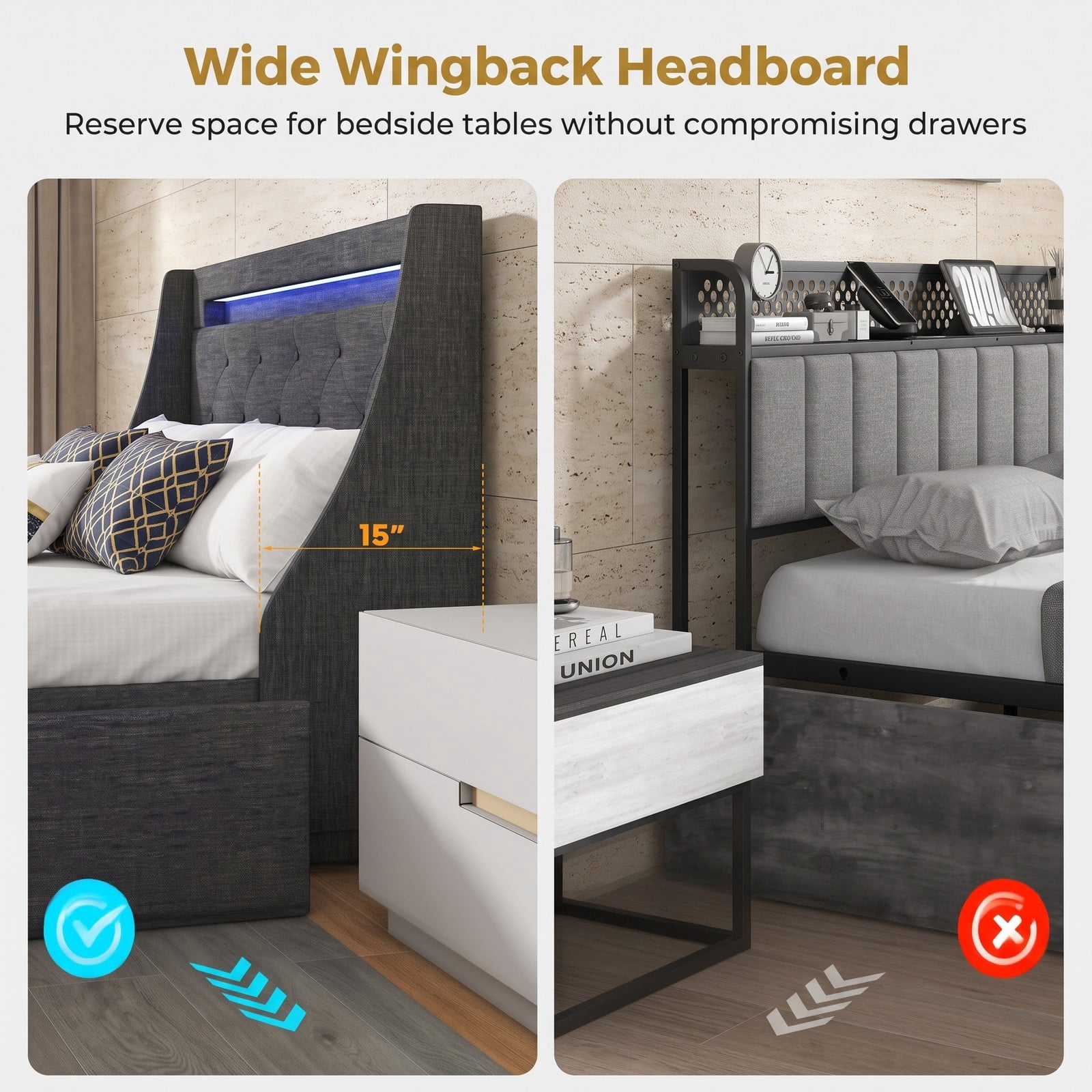 Furnibear Full Size Bed Frame Upholstered Platform Bed with LED Lights, Wingback Headboard and 4 Storage Drawers, USB Charging, Gray