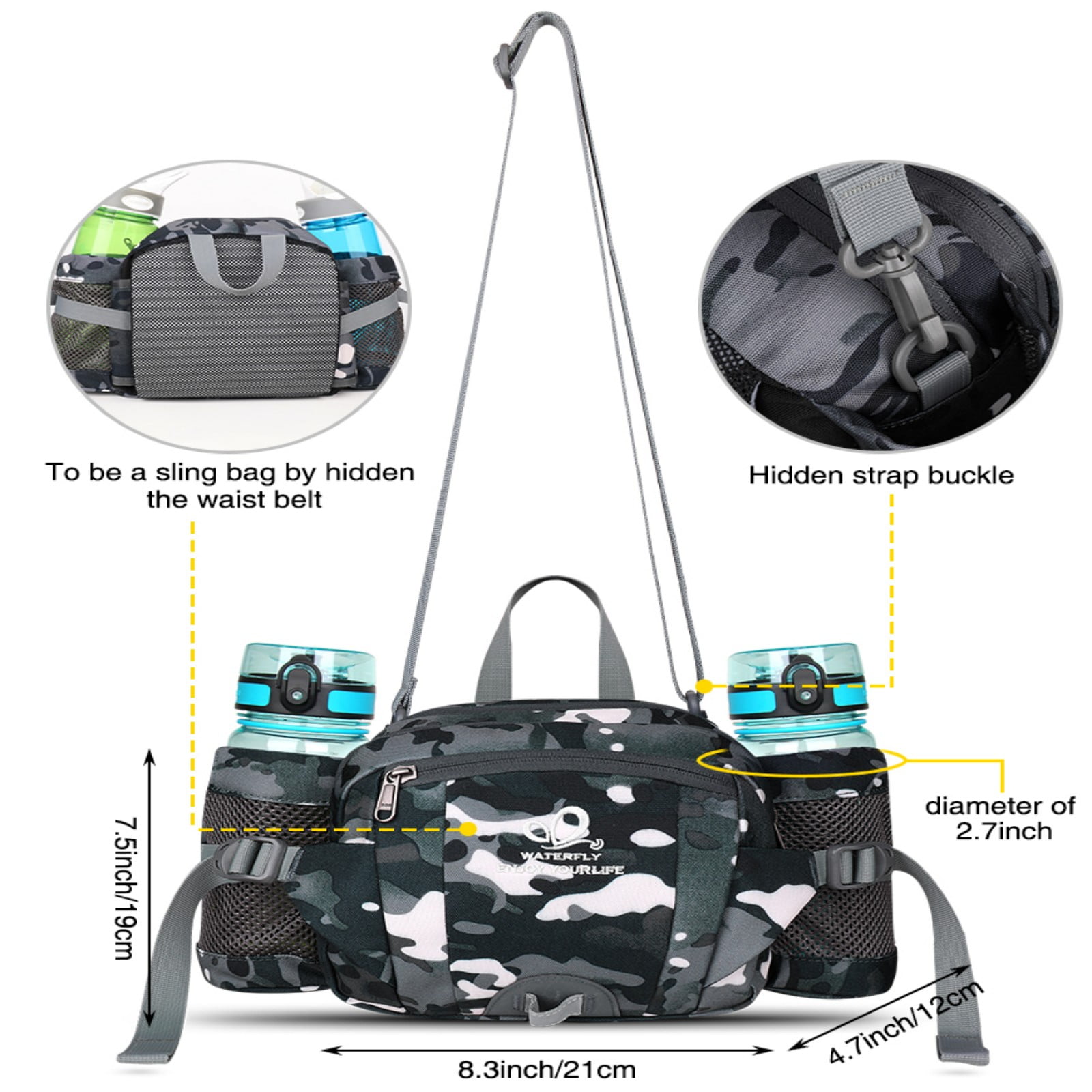 WATERFLY Unisex Large Capacity Hiking with Bottle Holder Nylon Fanny Pack Waist Bag,Black Camouflage
