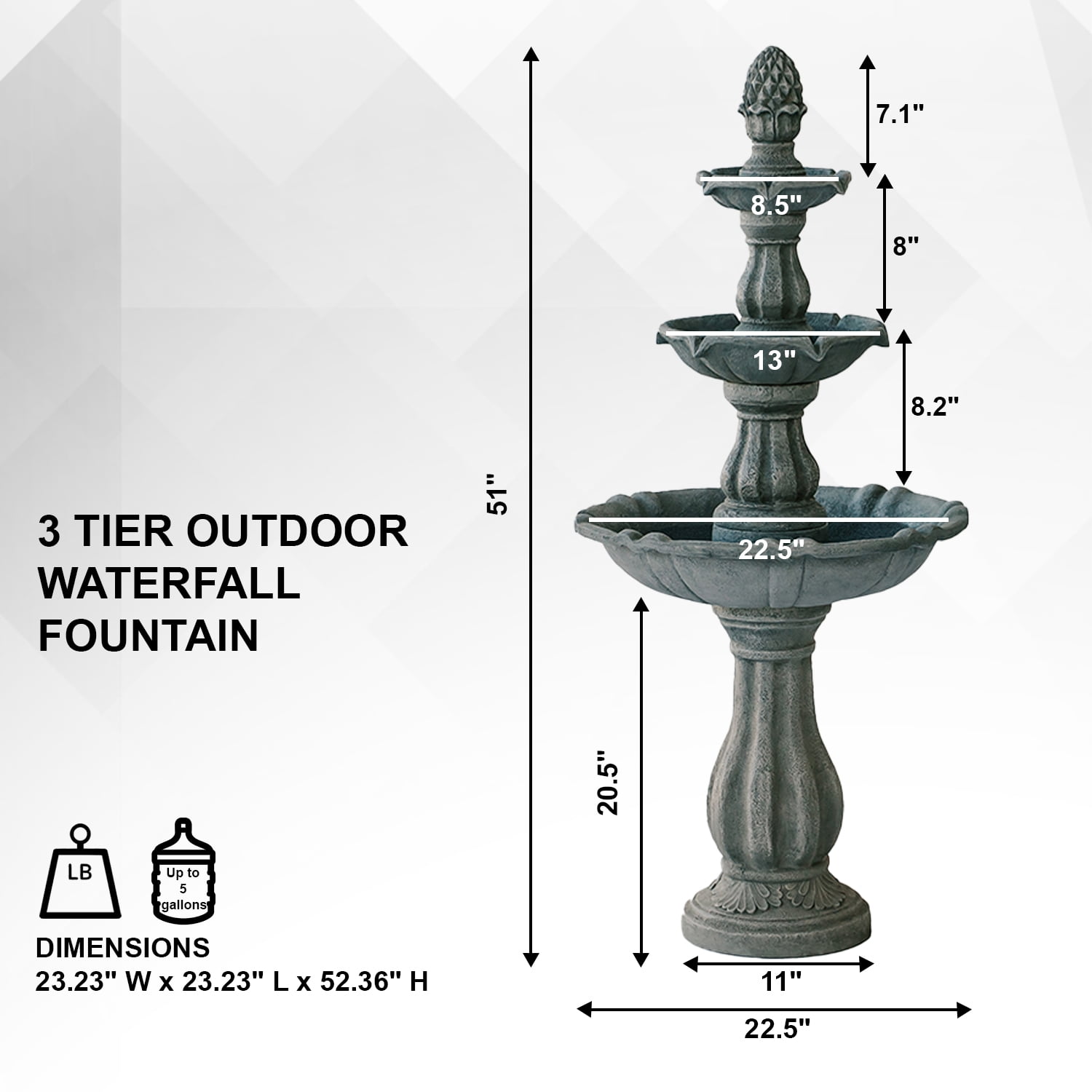 XBrand 51"H Fiber Resin Grey 3-Tier Freestanding Waterfall Fountain, Outdoor Garden, Yard, Lawn, Porch Décor