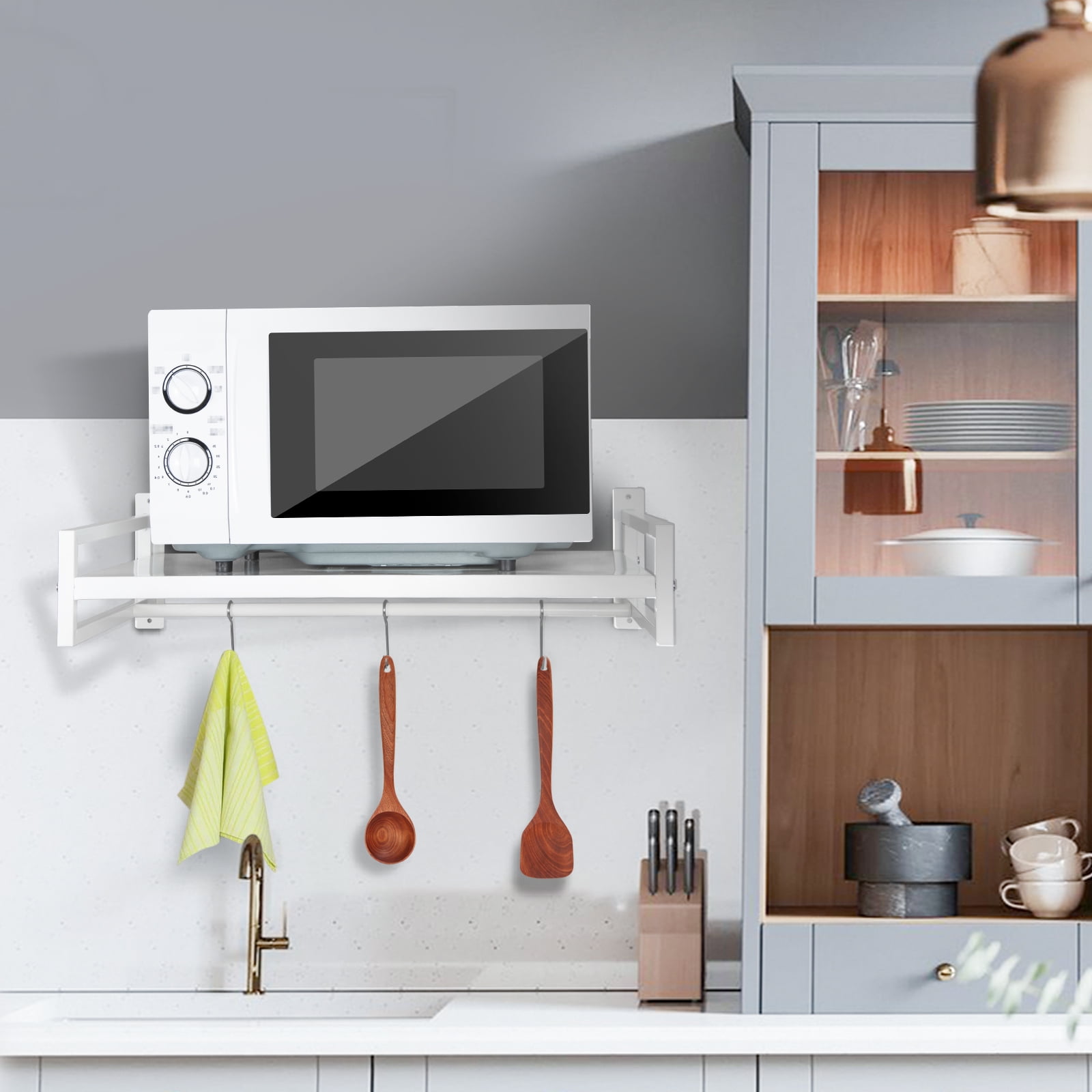 ABCOOL Wall Mount Microwave Oven Shelf Rack White Carbon Steel with Hook Rail and 3 Slidable Hooks
