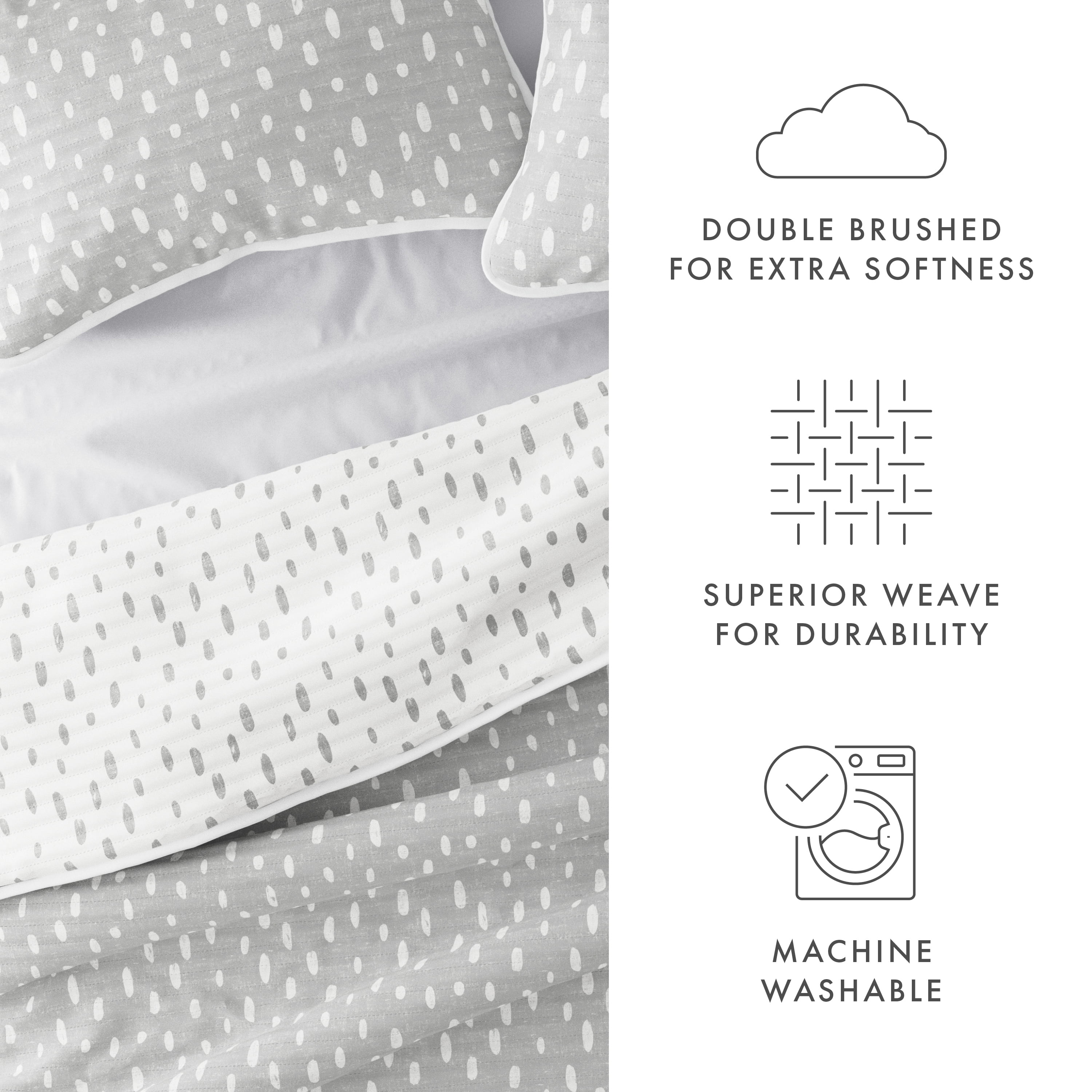 Noble Linens Light Grey 3 Piece Painted Dots Reversible Microfiber Quilt Set, Twin / Twin XL