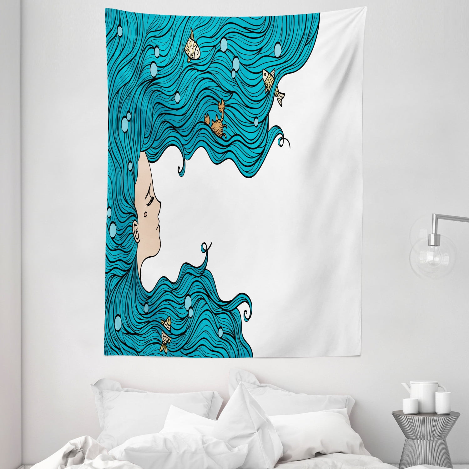 Mermaid Decor Wall Hanging Tapestry, Girl with big hair hairstyle fly