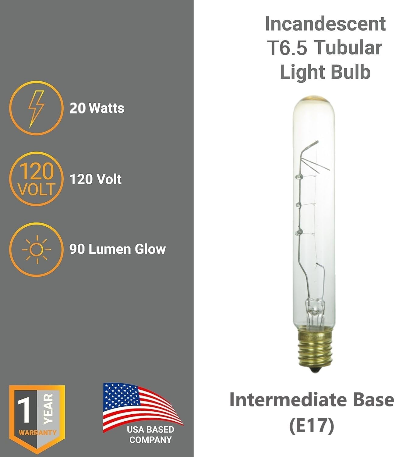 Diodesy- Pack of 4 20T6.5/CL/N/3 Incandescent Tubular Light Bulbs, Tuff Skin Clear Tube Bulb, 20 Watts, 2600K Warm White, 90 Lumens, Intermediate Base (E17) for Chandeliers/Walll Light, 120V, 5000Hour