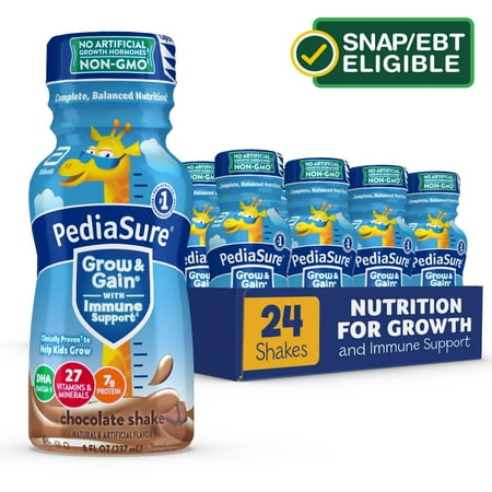 PediaSure Grow & Gain with Immune Support Kids Protein Shake 27 Vitamins and Minerals 7g Protein Helps Kids Catch Up On Growth Non-GMO Gluten-Free Chocolate 8-fl-oz Bottle 24 Count