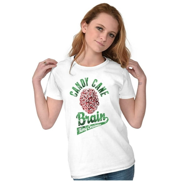 Funny Christmas Candy Cane Brain Womens Slim Fit Graphic Tee Brisco Brands S