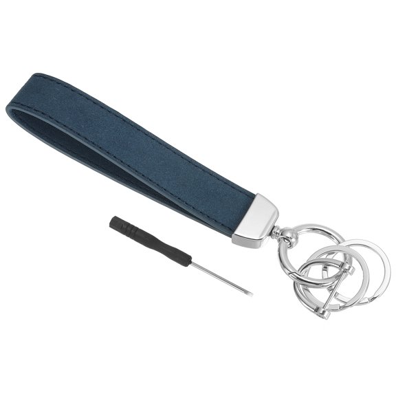 1 Pcs Leather Wristlet Keychain with Key Ring and D Ring Screwdriver Silver/Blue