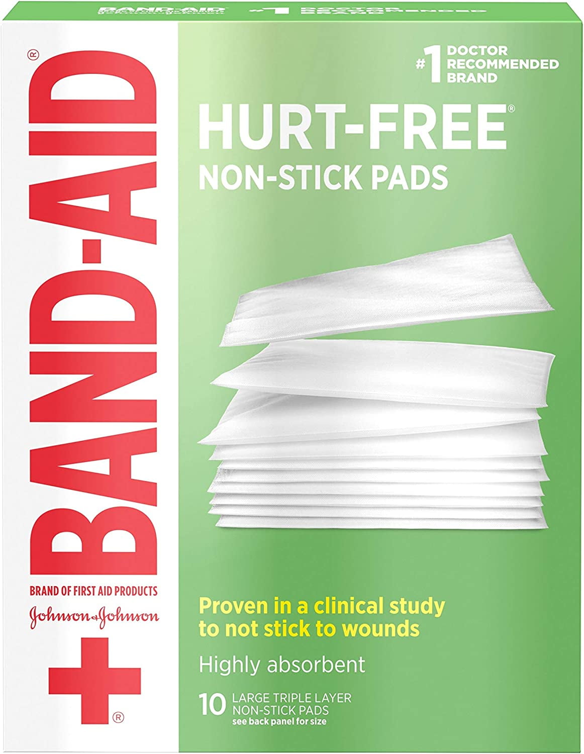 Band-Aid Brand Hurt-Free Non-Stick Pads with Hurt-Free Design for Wound Care & Wound Protection, Highly-Absorbent Individually-Wrapped Sterile Pads, Large Size, 3 inches x 4 inches, 10 ct