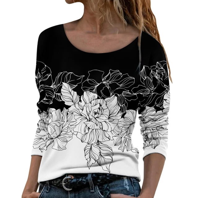 T-shirts à Manches Longues Col Rond pour Femmes Hauts Tunique Imprimée Florale Tendance Hauts Décontractés Amples Confortables Chandails en Molleton Blouses