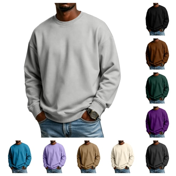 gzxflxpge Mens Long Sleeve Shirts Casual Lightweight Crewneck Sweatshirt Fall Winter Funky Oversized Solid Color Tops for Walking Light Gray L