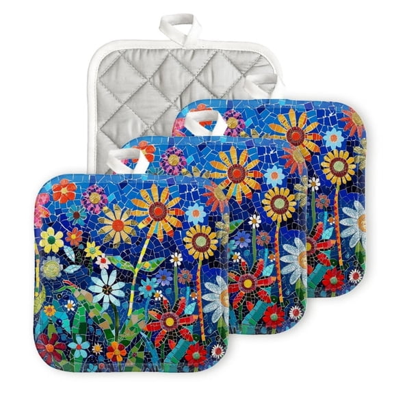 Heat Resistant Hot Pads 4 Pack Mosaic Artwork Of Vibrant Flowers Each Petal Different Color And Shape Square Pot Holder For Kitchen Cooking Oven And Bbq Grill With Hanging Loop Potholde
