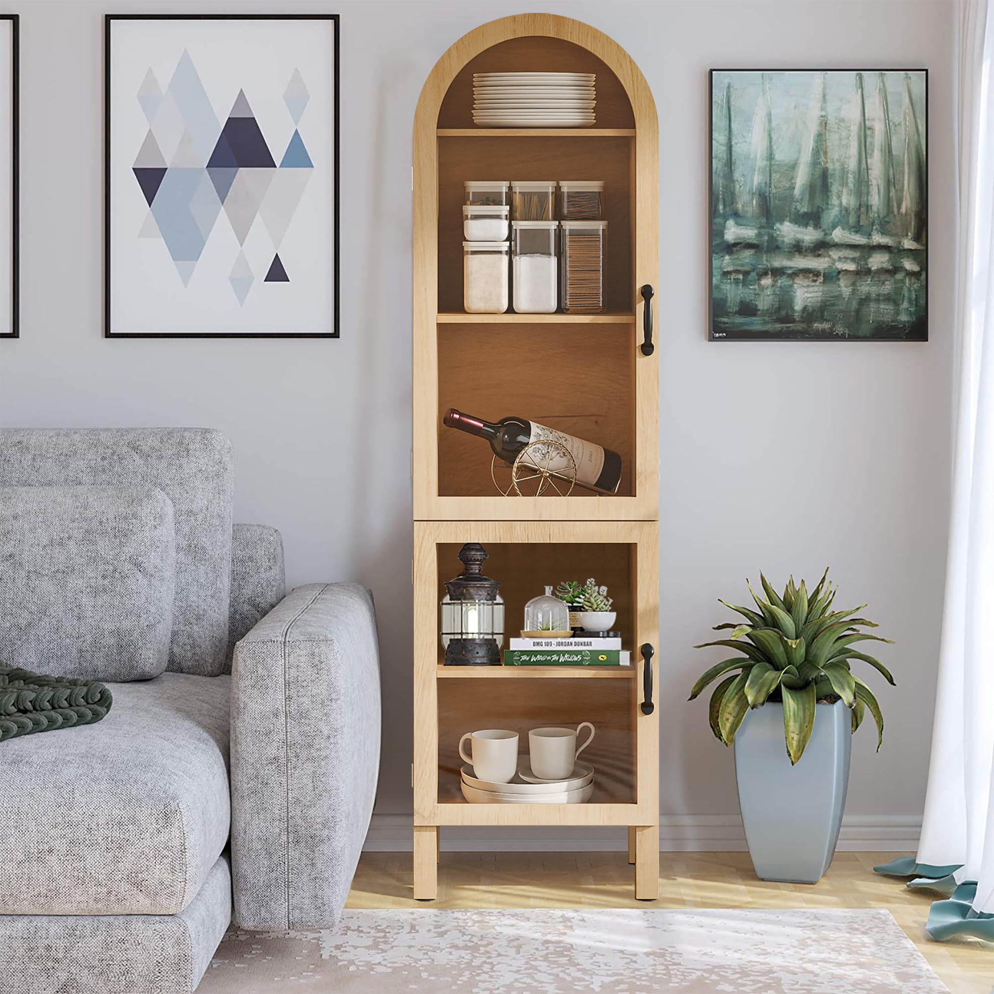 Arched Kitchen Pantry Storage Cabinet, Tall Storage Display Cabinet, 5 Tier Bookcase for Living Room (Wood)