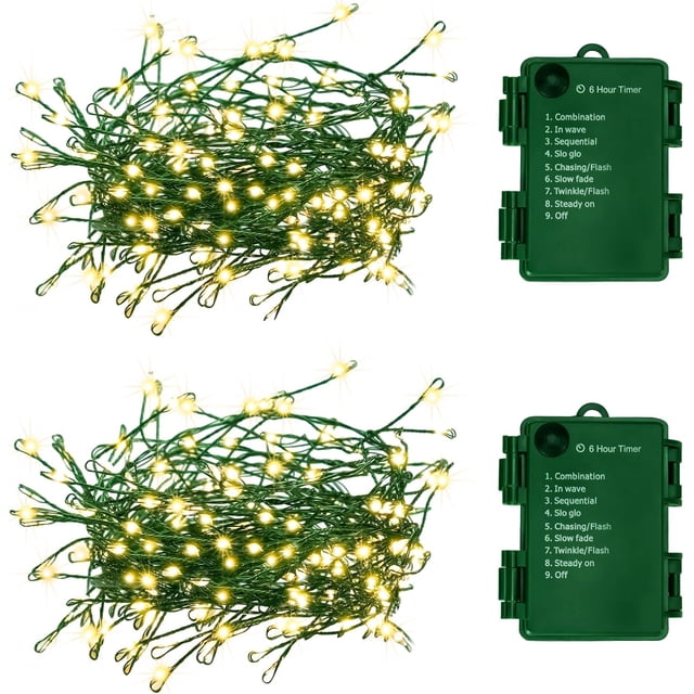 2Pack Outdoor Fairy Lights Battery Operated,10Feet 100LED Green Copper Wire Cluster Lights with 8 Modes and Timer,Twinkle String Lights, Mini Lights for Christmas Tree Wreath Wedding,Warm White
