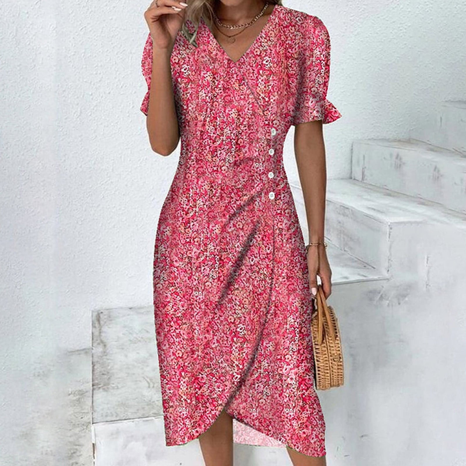 QAZXD Summer Dresses for Women 2023 V-Neck Short Sleeve Floral A-Line ...