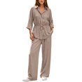 thumbnail image 2 of Cameland Women's 2 Piece Matching Lounge Set Sweatsuits Women Fall Winter Solid Collared Long Sleeve Shirt Adjustable Waist Pants Two Piece Set Coffee L, 2 of 5