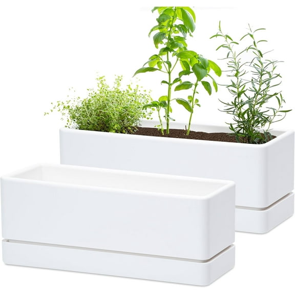 2-Piece 12 Inch White Rectangular Window Box Planter - Plastic Herb Pots with Drainage Holes & Saucer for Indoor/Outdoor Windowsill, Garden, Balcony