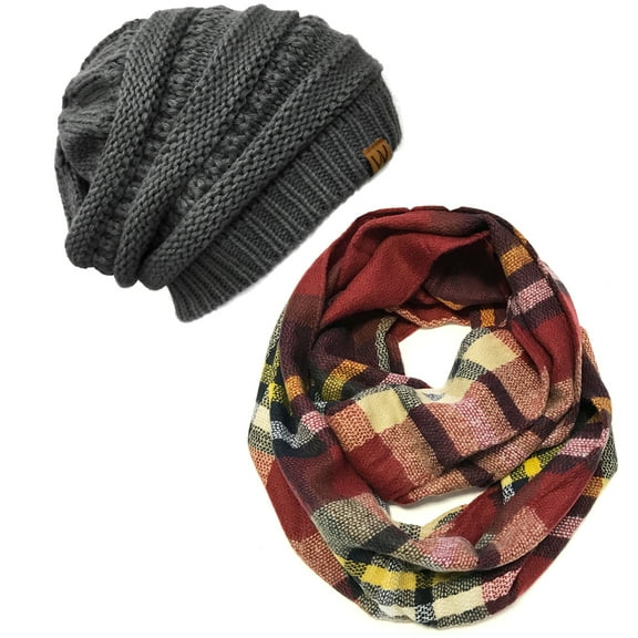 ALLYDREW Fashionable Plaid Infinity Circle Scarf & Slouchy Beanie Set - Red/Black Plaid & Charcoal Gray Beanie