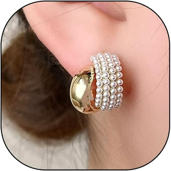 Pearl Hoop Earrings for Women Chunky Two Tone Geometric Statement Earrings Lightweight Gold Aesthetic Stud Earrings Dainty Prom Party Jewelry Gifts