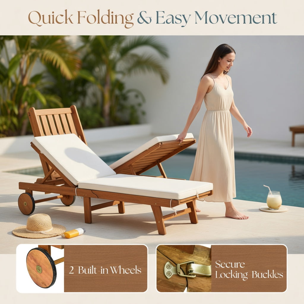 Hommoo Eucalyptus Wood Outdoor Chaise Lounge Chair with Cushion, 5-Position Reclining Patio Lounger, Foldable & Wheeled for Poolside, Garden & Deck, White