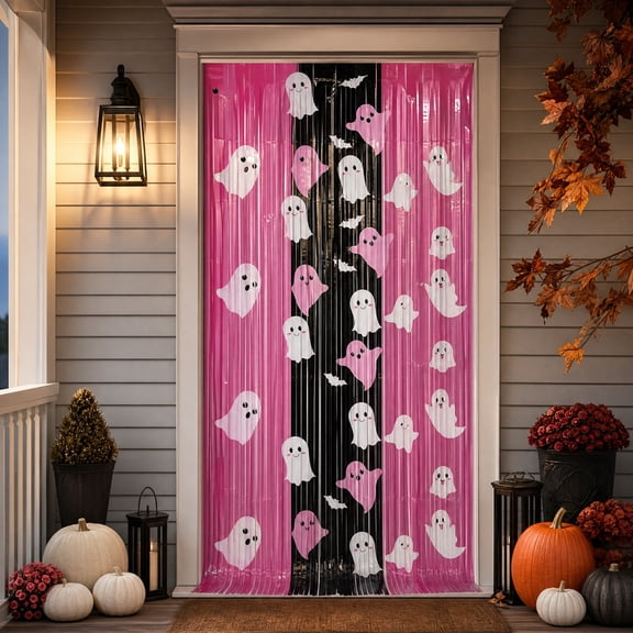 Aurorax Halloween Pink Decor,Halloween Ghost Fringe Curtain,Pink Spooky Halloween Ghost Door Wall Decorations