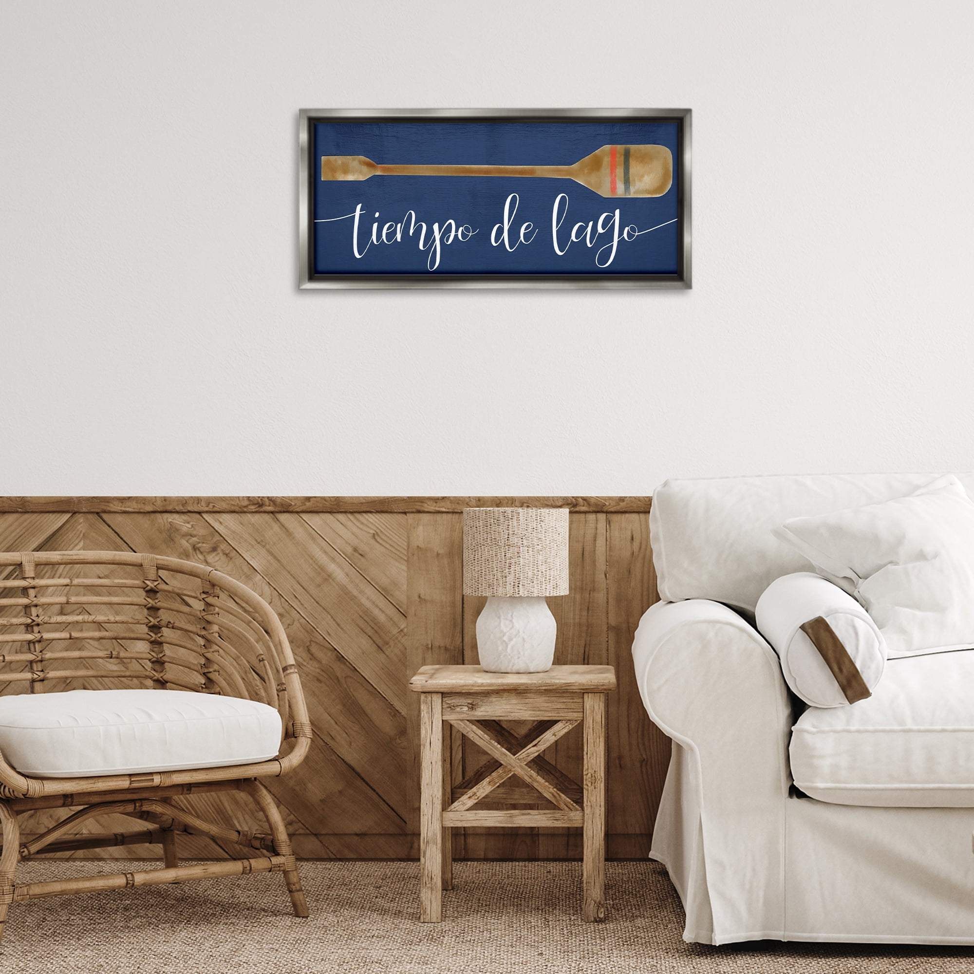 Stupell Industries Tiempo De Lago Náutica Inspirational Quotes & Sayings Painting Gray Floater Framed Art Print Wall Art, 25 x 11