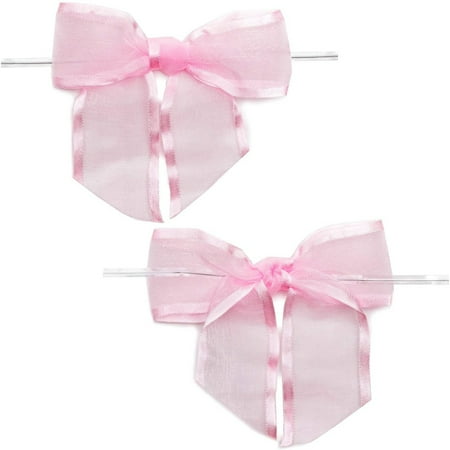 36 Pack 1.5" Pink Organza Bows Twist Ties for DIY Crafts, Gift Wrapping Accessories and Scrapbooking