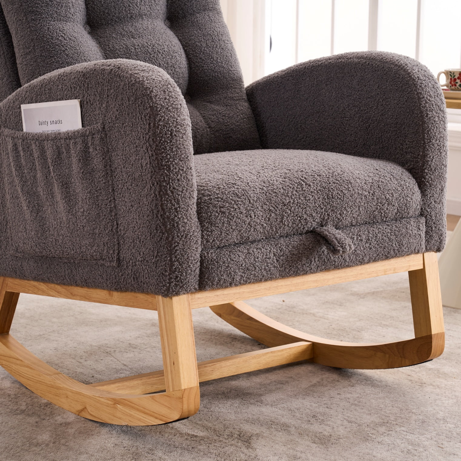 Rocking Chair with Footrest, Dark Gray Accent Chair High Back Rocker with Storage Pocket, Rubber Wood Rocking Chair for Living Room Nursery Bedroom