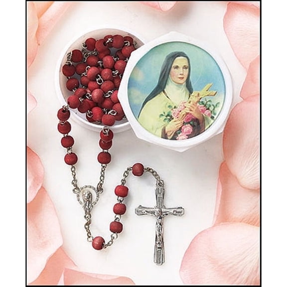Rose Scented Carved Wood Prayer Bead 19 Inch Rosary with Saint St Theresa Case