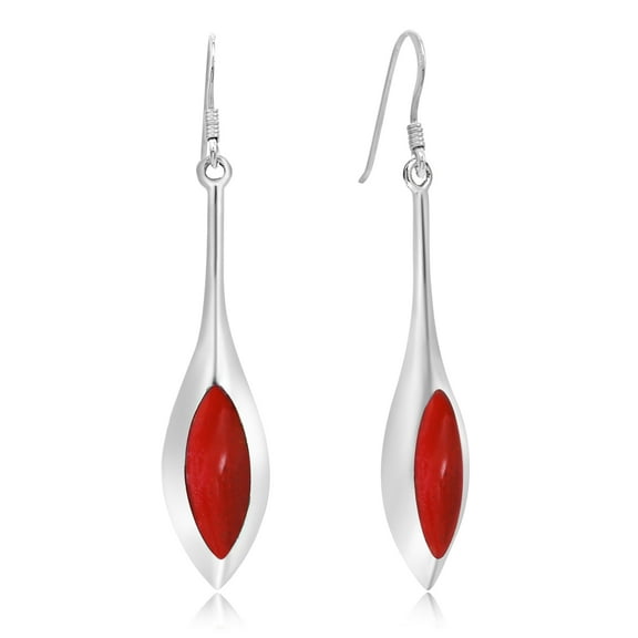 Modern Long Icicle Synthetic Coral Inlay .925 Sterling Silver Dangle Red Earrings