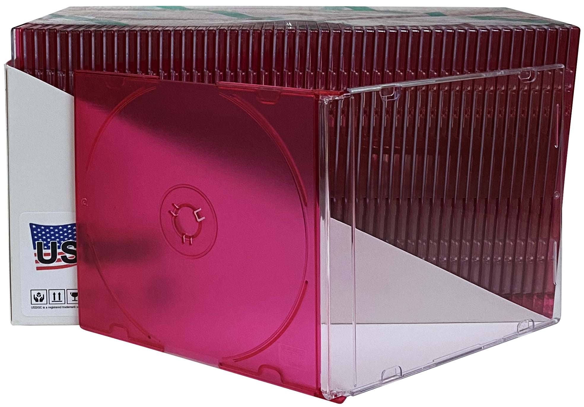USDISC CD Jewel Cases Slimline 5.2mm, Single 1 Disc, Clear Red, Pack Of 100