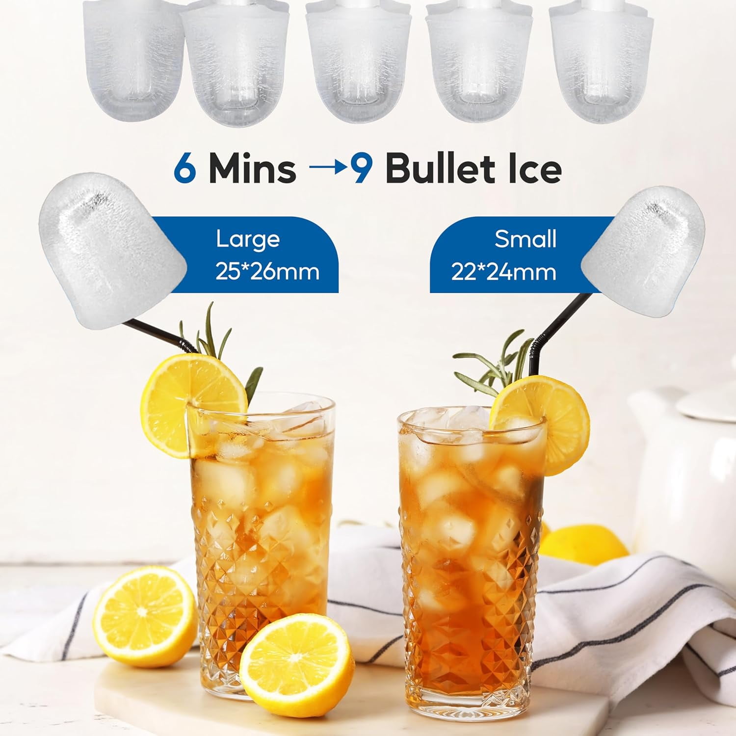 Countertop Ice Maker with Scoop, Basket and Handle, 9 Ice Cubes Machine Ready in 6 Mins, 2 Sizes for Home Kitchen Office Bar Party