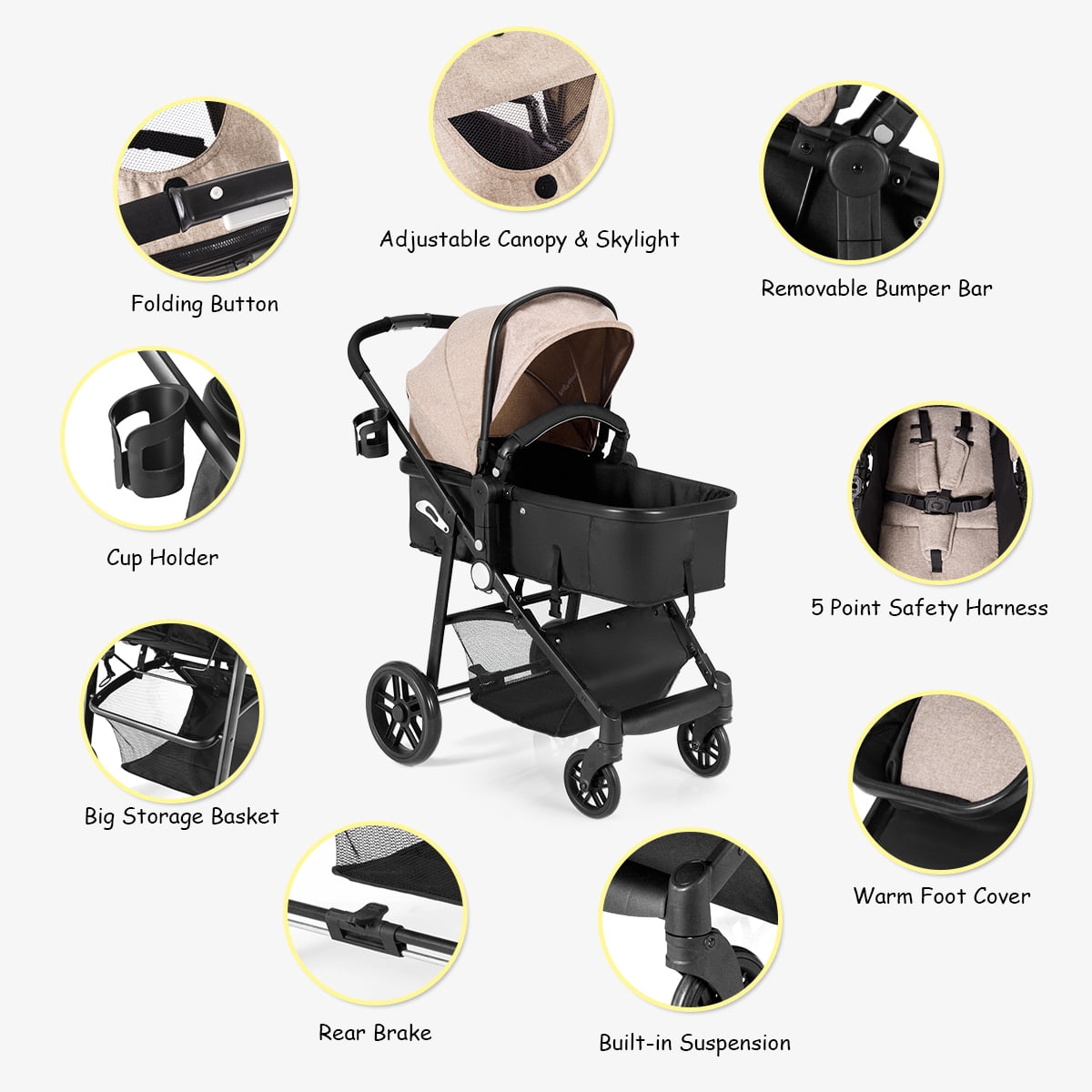 Infans Foldable Baby Stroller Kids Travel Newborn Infant Buggy Pushchair Coffee