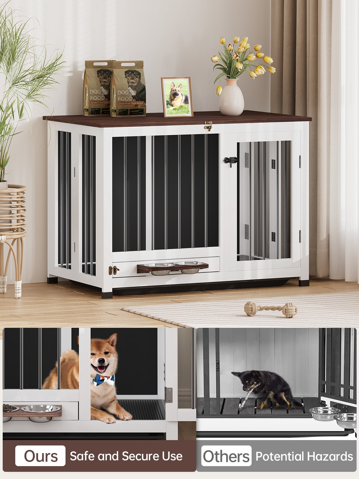 39.4"  Collapsible Dog Crate Furniture - Indoor Wooden Kennel with 360° Rotating Feeder & Removable Tray | Sturdy End Table for Medium & Large Dogs | Easy Assembly, Pet Cage for Living Room