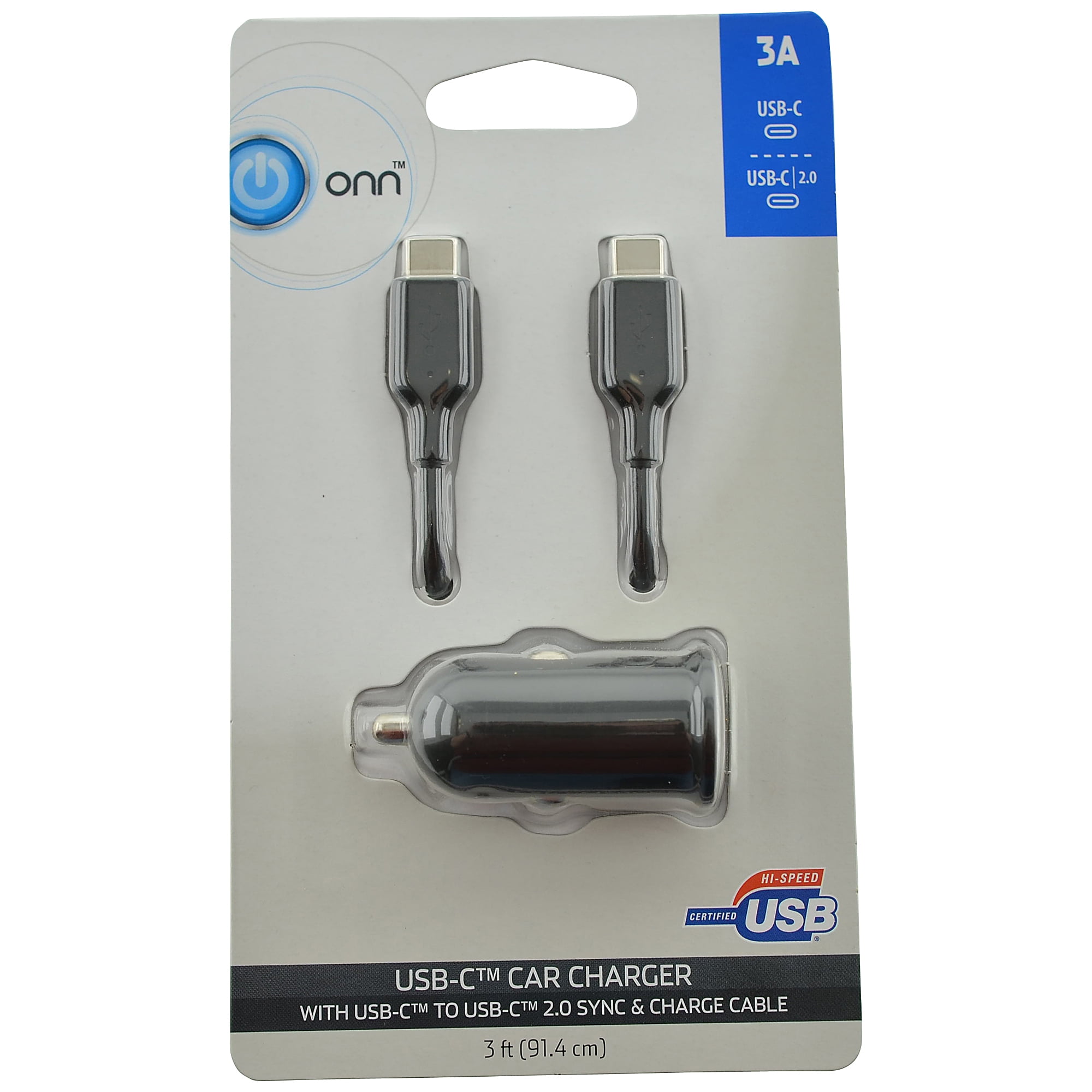 Onn 3A USB Type-C to Type-C Cable and Car Charger Kit