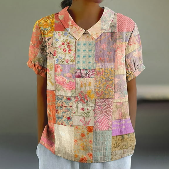 ALLLIST Women's Tops Short Sleeve Collared Summer Blouses Color Block Trendy Red Shirts Womens Clothing