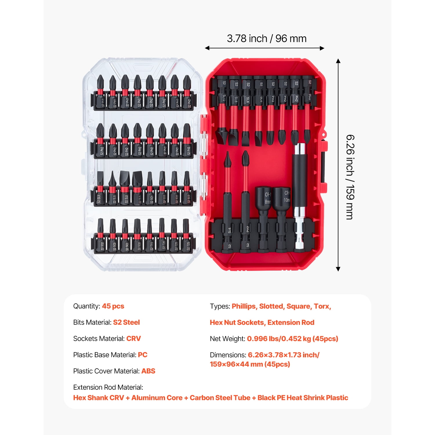 KFFKFF 45-Piece Screwdriver Bit Set with Magnetic Tips, Includes Phillips, Slotted, Square, Torx Bits, Hex Nut Sockets, Extension Rod, Transparent Storage Case, Durable S2 Alloy Steel