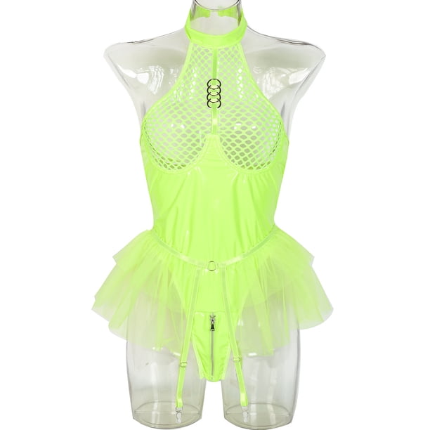 Falda tutú de malla de cuero de patente de PU sexy europea y americana con cuello colgante y liguero colgante, mono solucionable 3334