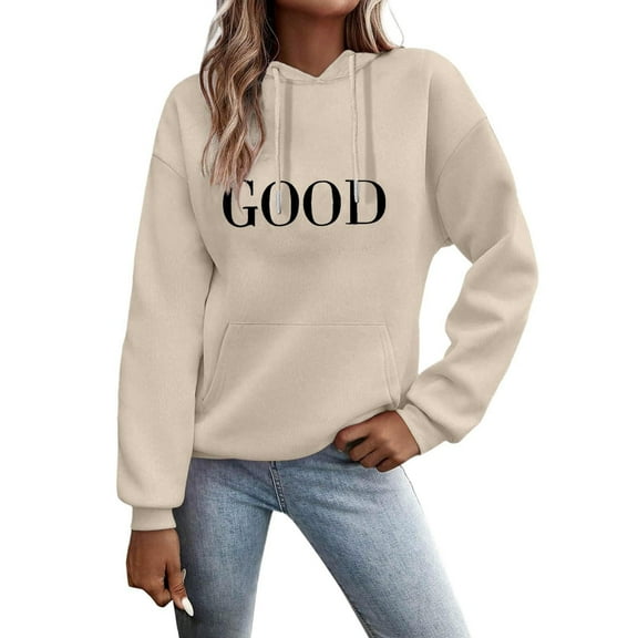 Atogsazn Womens Hoodies Casual Long Sleeve Letter Printed Hooded Sweatshirt Fall Loose Pullover Tops Clothing Khaki XXXL Fashion