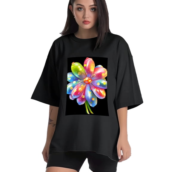Plus Size Shirt for Women Black Tops for Women Short Sleeves Shirt for Women Flowers 04 T Shirt Crewneck Shirt for Women XS