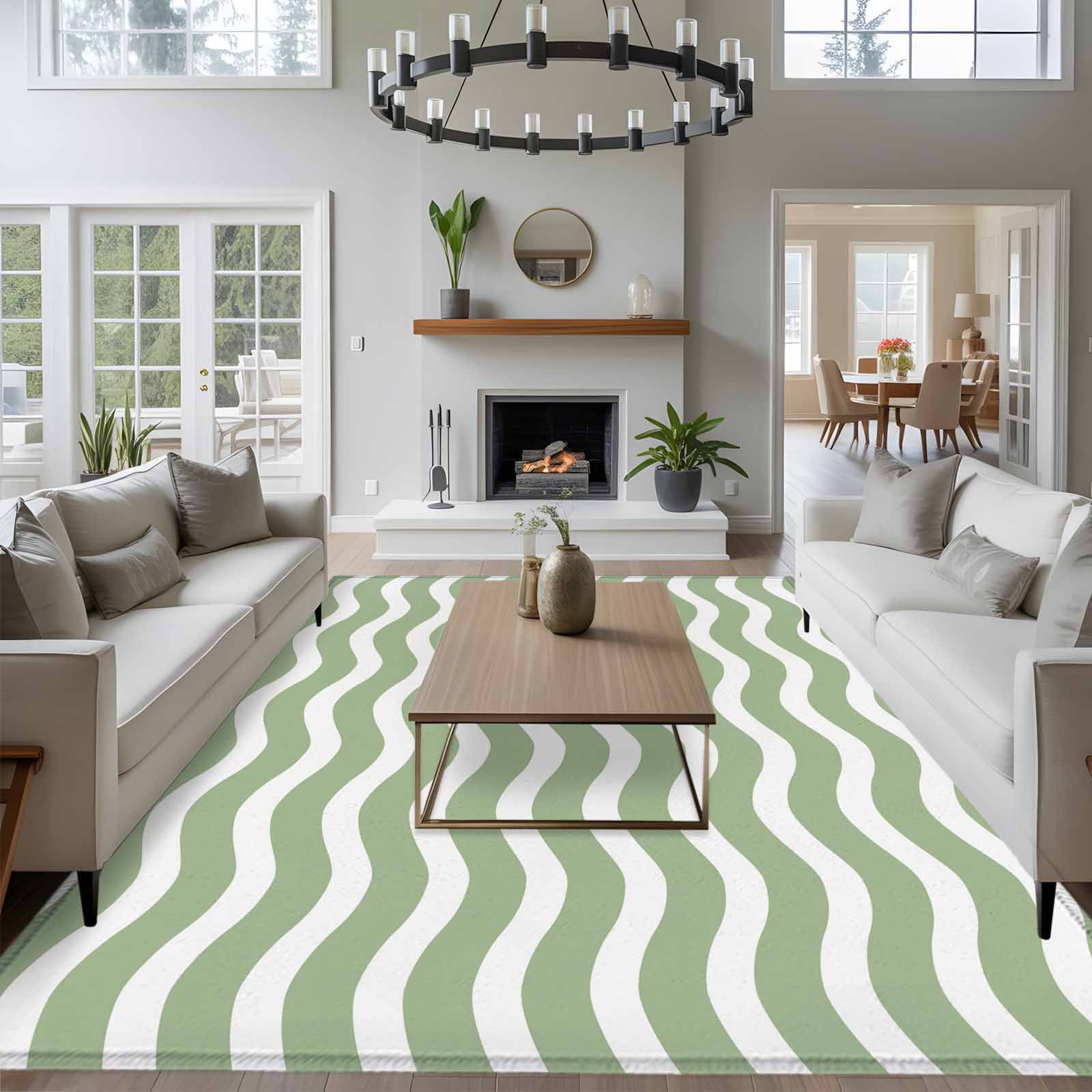 Sage Green Stripe Area Rugs 8x10 for Living Room, Farmhouse Striped Modern Waves Moires Non Slip Washable Rug Runner, Low Pile Indoor Floor Carpet Mat Bathroom Rugs for Bedroom, Kids Room