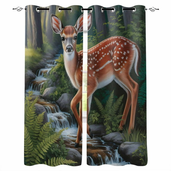 Fsddascl Nature Forest Deer Blackout Curtains for Bedroom/Living Room, Thermal Insulated Kitchen Curtains, Modern Watercolor Elk Plant Grommet Darkening Window Treatment Drapes 27.5"x39"x2