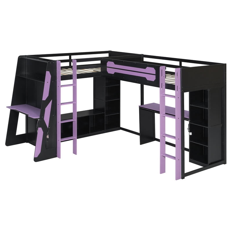 Twin Size L-Shaped Gaming Loft Bed with RGB LED Lights, Dual Twin Beds, USB Charging Ports & TV Stand, Wood Loft Bedframe Playhouse Bed with Storage Shelves & Reversible Layout