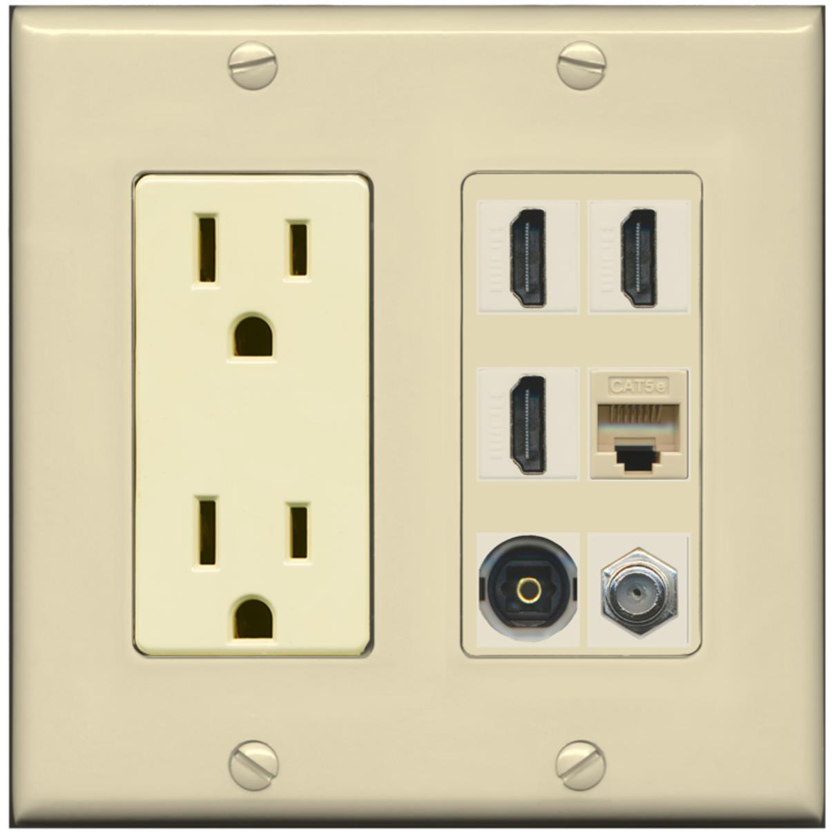RiteAV Power Outlet 3 HDMI Coax Cat5e Toslink Wall Plate Ivory