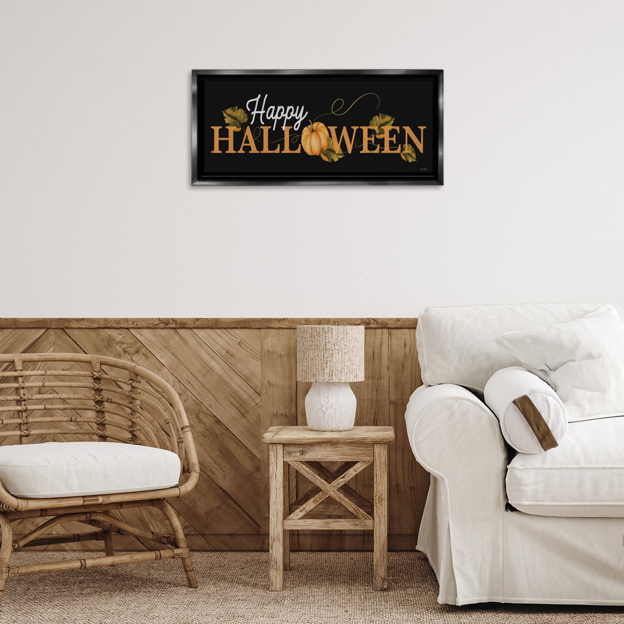 Stupell Industries Happy Halloween on Black Holiday Painting Black Floater Framed Art Print Wall Art, 25 x 11