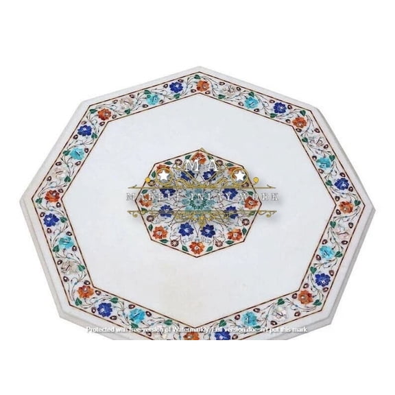 Stylish White Marble Inlay Table Top – Living Room Coffee and End Tables with Detailed Marble Inlay Design
